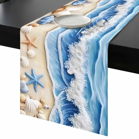 Summer Beach Table Runner 13x48 Inch Seashell Starfish Nautical Coastal Table Runner Non-Slip Dresser Scarves for Holiday Decorations, Party, Dinner and Gatherings, 1 Pack