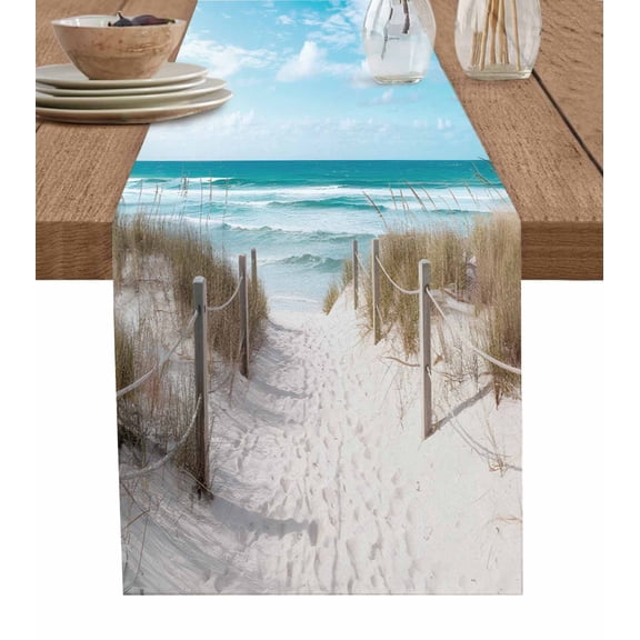 Summer Beach Table Runner 36 Inches, Coastal Ocean Seaside Sky Scenery Bed Runner Dresser Scarves Tabletop for Indoor Outdoor Parties/Ceremony/Banquet, 13"x 36"