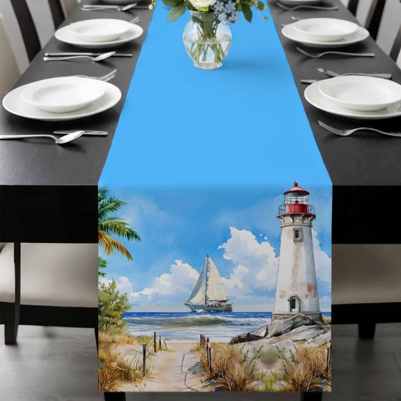 Summer Beach Table Runner 36 Inches Long, Retro Lighthouse Sailing Nautical Kitchen Coffee Dining Table Decoration for Home Party Birthday Wedding Home Decor 13x36 Inches
