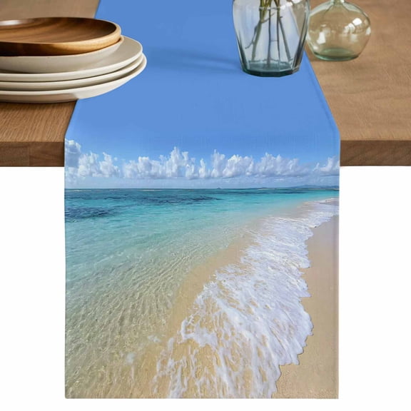 Summer Beach Table Runner 36 Inches, Oceans Seaside Sky Coastal Landscape Bed Runner Dresser Scarves Tabletop for Indoor Outdoor Parties/Ceremony/Banquet, 13"x 36"