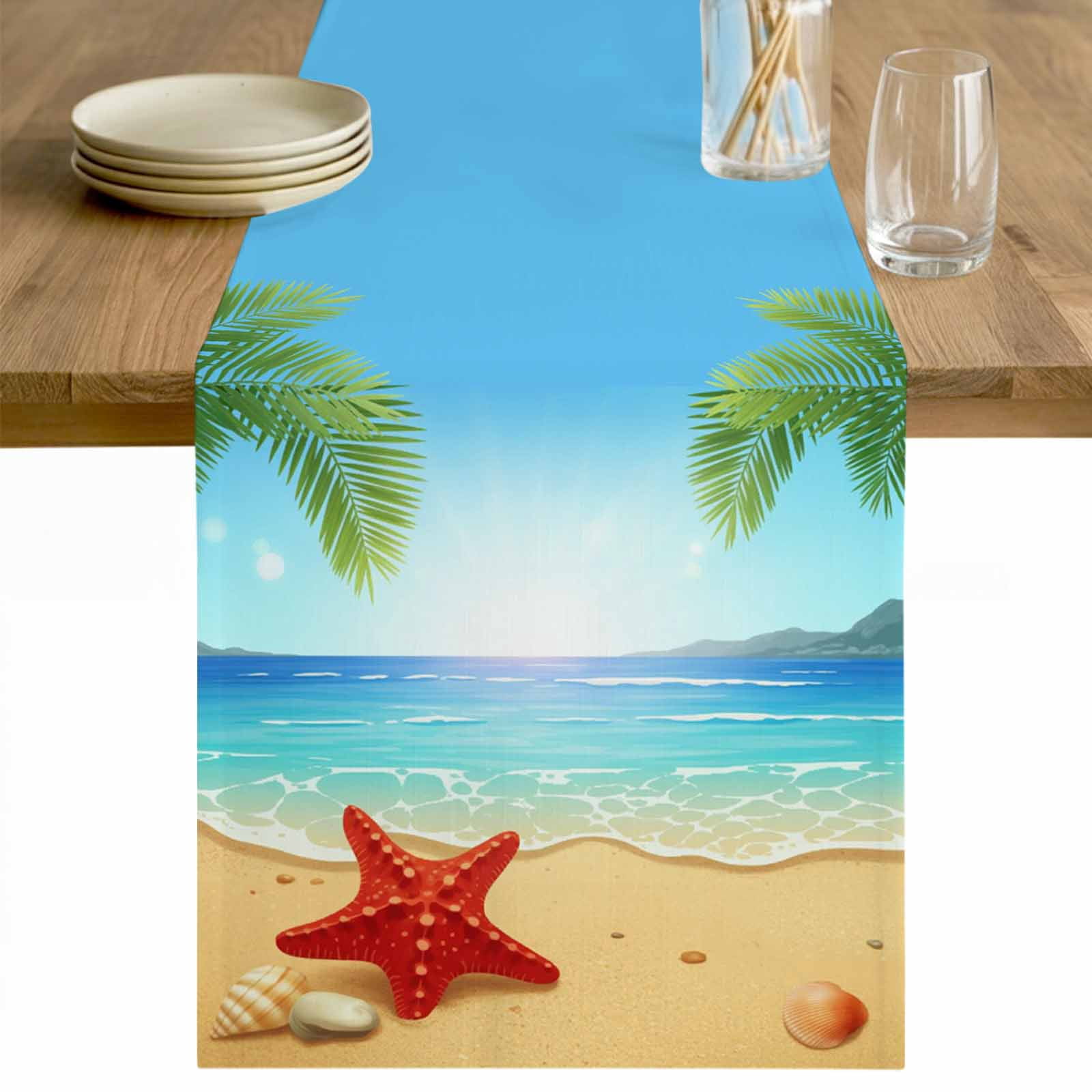 Summer Beach Table Runner 72 Inches Long Farmhouse Dress Scarves, Coastal Red Starfish Conch Palm Seaside Dining Tablerunner for Coffee Table/Kitchen Island/Party Décor, 13" x 72"