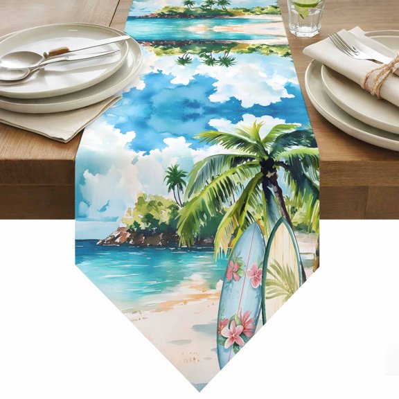 Summer Beach Table Runner 90 Inches Long Backboard Coconut Tree Modern Ocean Scenery Table Runners for Dining Room Tabletop Dresser Scarf Home Party Banquet Wedding Holiday Decoration