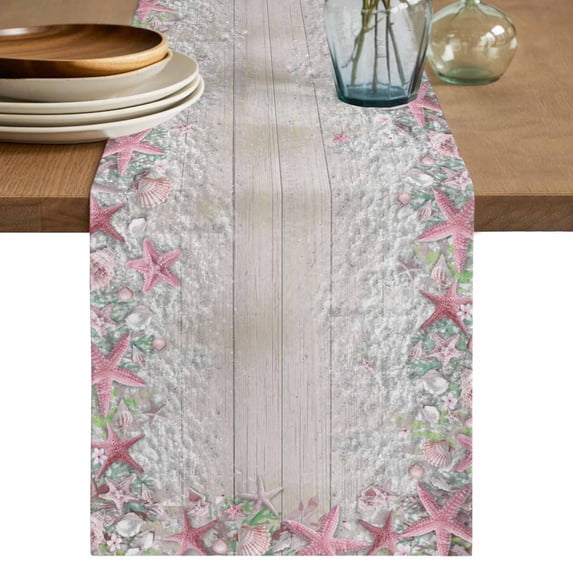 Summer Beach Table Runner 90 Inches, Pink Starfish Ocean Conch Grey Wood Grain Bed Runner Dresser Scarves Tabletop for Indoor Outdoor Parties/Ceremony/Banquet, 13" x 90"