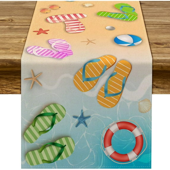 Summer Beach Table Runner Flip Flops Seaside Themed Birthday Seasonal Holiday Party Kitchen Dinning Room Home Decoration (13.8" x 71")