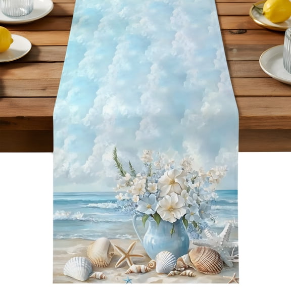 Summer Beach Table Runner, Flower Vase Cotton Linen Table Cloth, Coastal Starfish Seashell Tablerunner for Kitchen Dining Party Wedding Home Decor 13x48 Inch