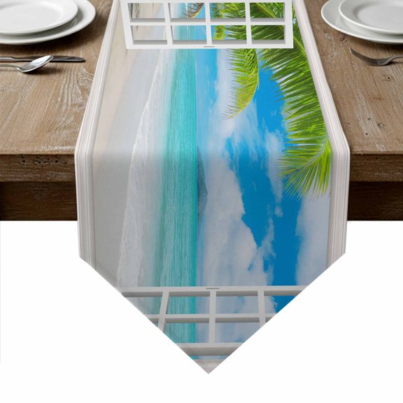 Summer Beach Table Runner Linen Burlap Table Runner 72 Inches Long Turquoise Window Seascape Seaside Palm Tree Dresser Scarves for Kitchen Island Coffee Dining Room Party Holiday Decoration 13"x72"
