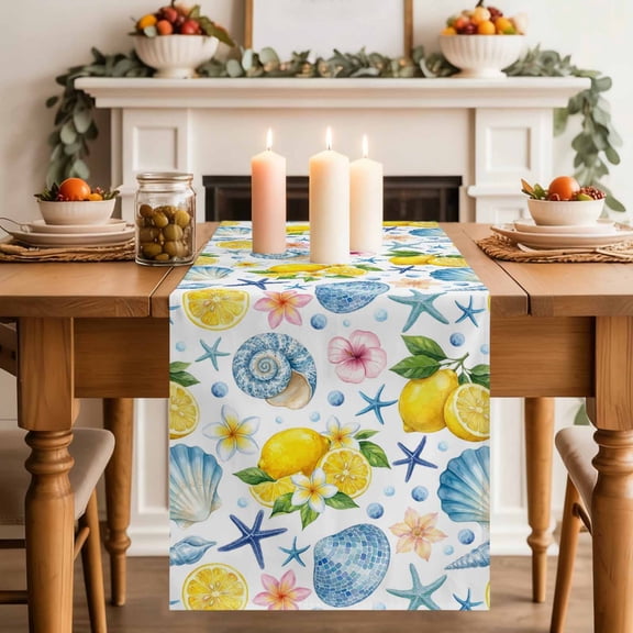 Summer Beach Table Runner, Ocean Starfish Shell Coastal Conch Lemon Flower Cotton Linen Kitchen Table Decoration Washable Dining Tabletop Runners for Home Party Decor 13x48 Inches
