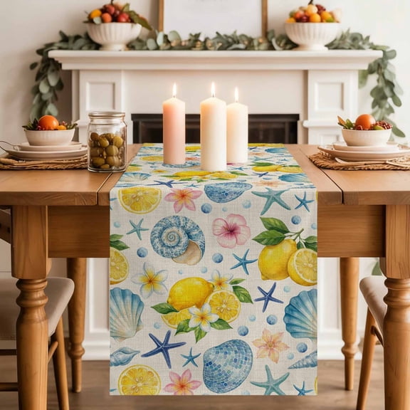 Summer Beach Table Runner, Ocean Starfish Shell Coastal Conch Lemon Flowers Cotton Linen Kitchen Table Decoration Washable Dining Tabletop Runners for Home Party Decor 13x72 Inches