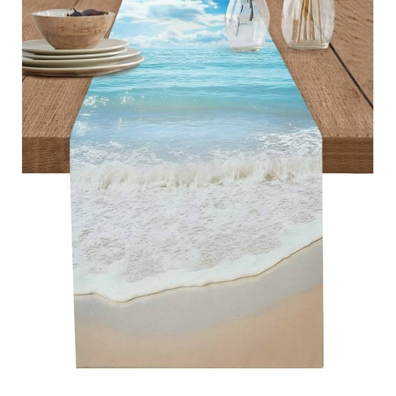 Summer Beach Table Runner Ocean Waves Coastal Blue Tablerunners 13 x 70 Inch, Table Decorations Tabletop Scarf for Summer Gathering Holiday Farmhouse Kitchen Dining Decor