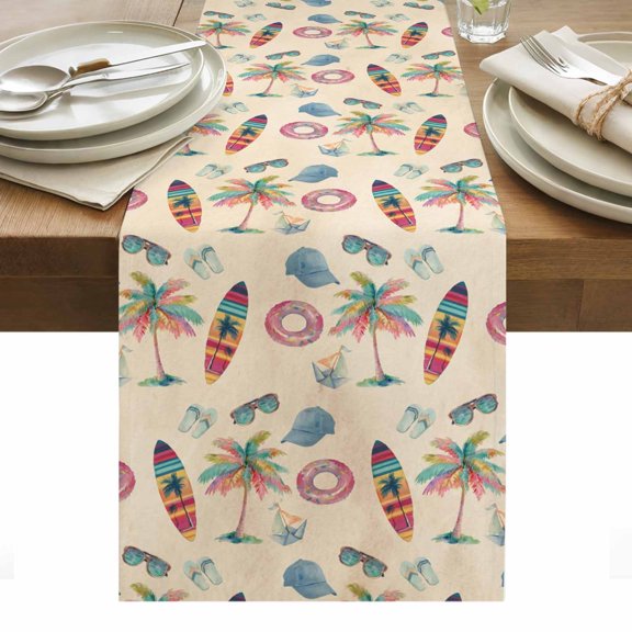 Summer Beach Table Runner Retro Watercolor Surfboard Coconut Tree Tablerunners 13 x 36 Inch, Table Decorations Tabletop Scarf for Summer Gathering Holiday Farmhouse Kitchen Dining Decor