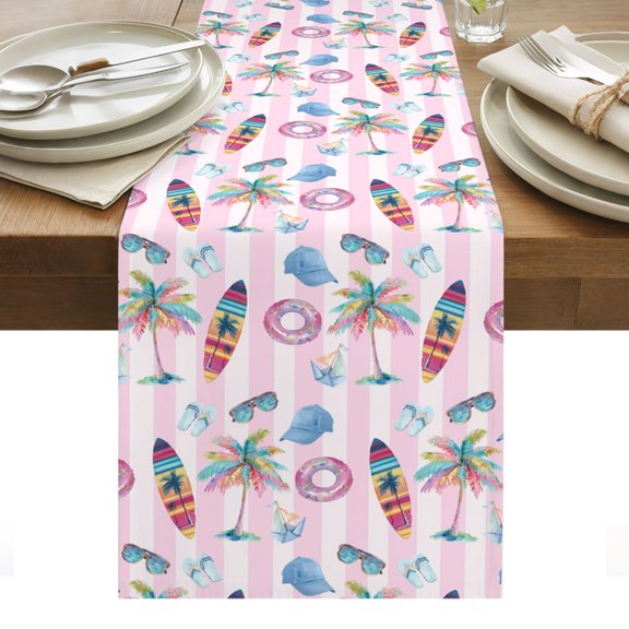 Summer Beach Table Runner Surfboard Palm Ship Sunglasses Pink Striped Tablerunners 13 x 48 Inch, Table Decorations Tabletop Scarf for Summer Gathering Holiday Farmhouse Kitchen Dining Decor