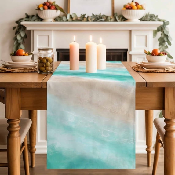 Summer Beach Table Runner, Teal Green Gradient Ocean Wave Beige Sand Abstract Cotton Linen Kitchen Table Decoration Washable Dining Tabletop Runners for Home Party Decor 13x48 Inches