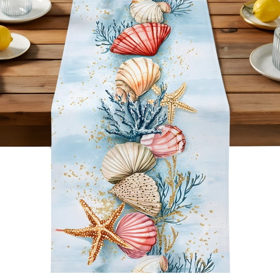 Summer Beach Table Runner, Theme Shell Starfish Coral Nautical Coastal Cotton Linen Table Cloth, Tablerunner for Kitchen Dining Party Wedding Home Decor 13x48 Inch