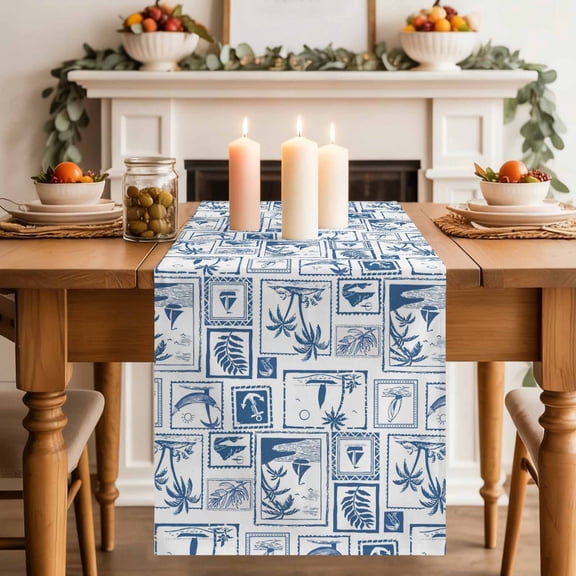 Summer Beach Table Runner, Tropical Coconut Tree Anchor Boat White Plaid Cotton Linen Kitchen Table Decoration Washable Dining Tabletop Runners for Home Party Decor 13x36 Inches