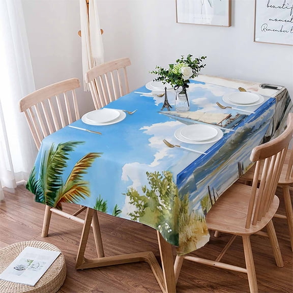 Summer Beach Tablecloth Rectangle Table Cloth 60x84 , Waterproof Tablecloth Outdoor Table Cloth, Retro Lighthouse Sailing Nautical Washable Table Cover for Kitchen Dining Party
