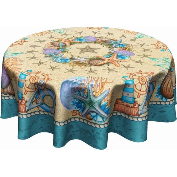 Summer Beach Tablecloth Round 60 Inch, Shell Coastal Wreath Sea Theme Waterproof Fabric Circular Table Cloth Cover for Home Kitchen Dining Patio Picnic Party Decor