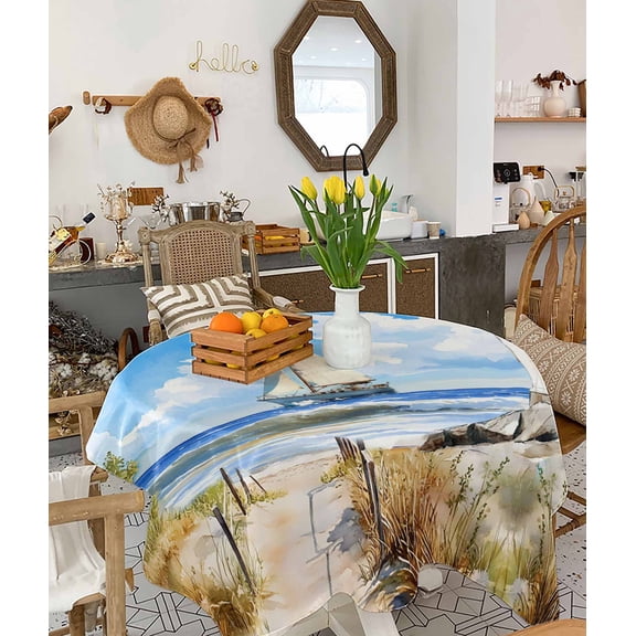 Summer Beach Tablecloth Square Table Cloth 54x54, Waterproof Tablecloth Outdoor Table Cloth, Retro Lighthouse Sailing Nautical Washable Table Cover for Kitchen Dining Party
