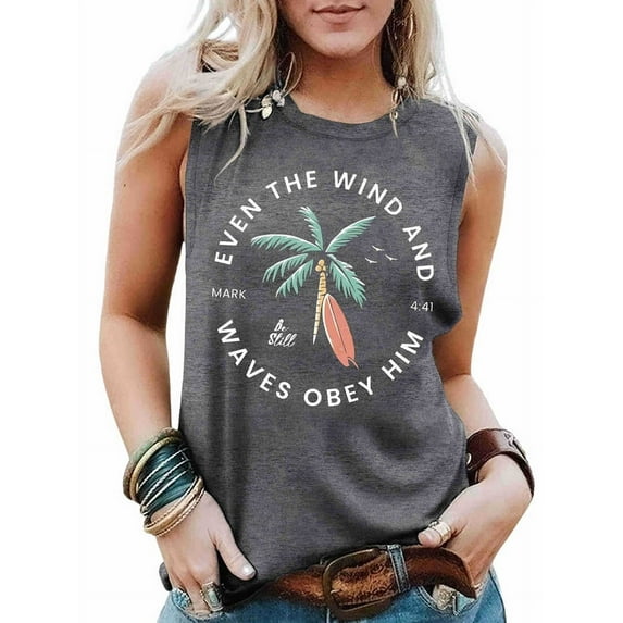 Summer Beach Tank Tops for Women Dark Gray Vest (Color Picture and White Letters) M