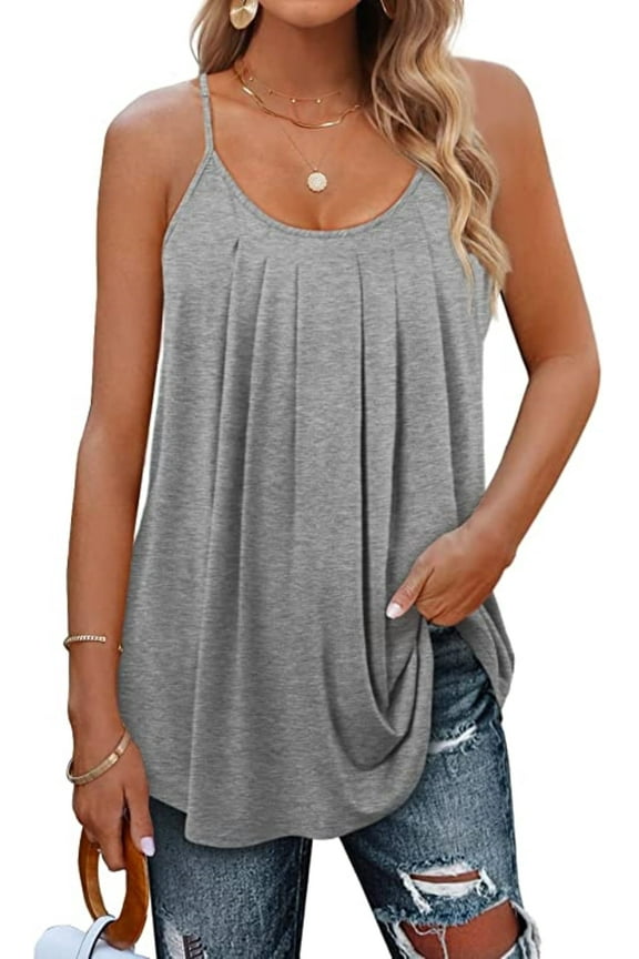 Summer Beach Tank Tops for Women Pleated Adjustable Strap Camisole Loose Fit Casual Sleeveless Gray XL