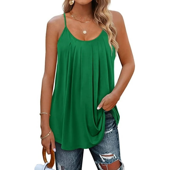 Summer Beach Tank Tops for Women Pleated Adjustable Strap Camisole Loose Fit Casual Sleeveless Green XXL