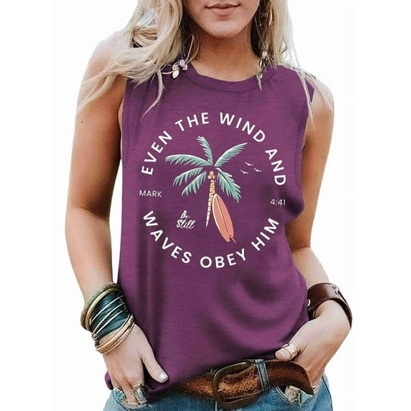 Summer Beach Tank Tops for Women -Red Vest (Color Picture and White Letters) S