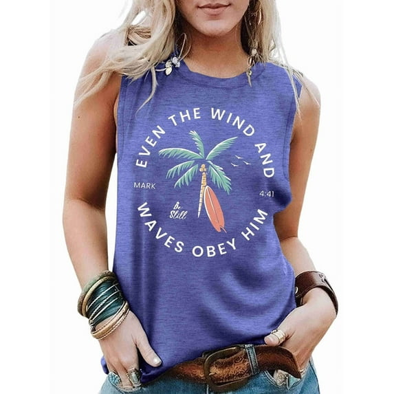 Summer Beach Tank Tops for Women Retro Blue Vest (Color Picture and White Letters) M