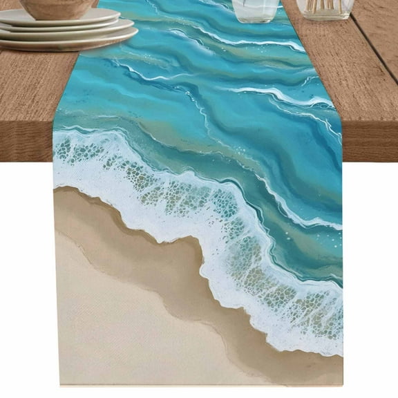 Summer Beach Teal Blue Ocean Spray Table Runner-36 Inch Long Gradient Water Table Runners Linen Burlap Tablerunner for Kitchen Dining Room Holiday Party