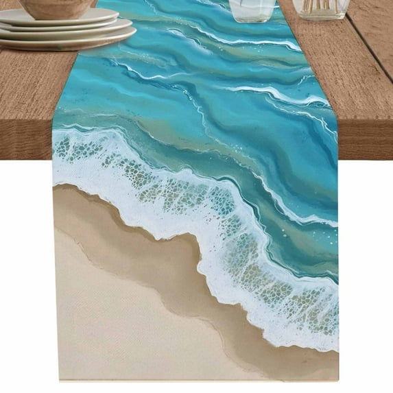 Summer Beach Teal Blue Ocean Spray Table Runner-70 Inch Long Gradient Water Table Runners Linen Burlap Tablerunner for Kitchen Dining Room Holiday Party