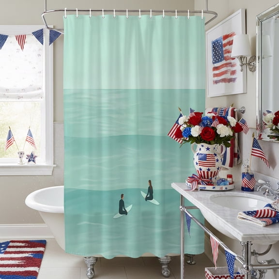 Summer Beach Teal Ocean Waves Shower Curtain for Bathroom, Marine Surfers on Boards Waterproof Shower Curtains Washable Quick Dry with Hooks Bathtub Curtains 36x72IN