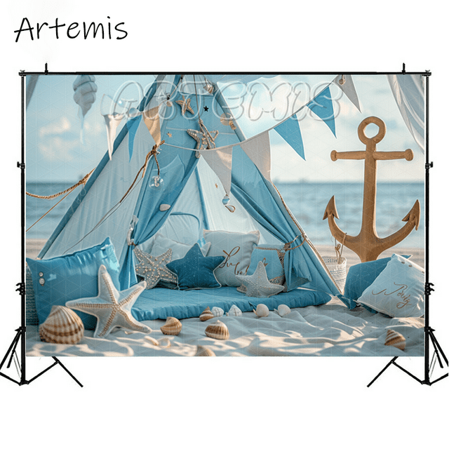 Summer Beach Tent Photography Backdrop Shell Flag Seaside Holiday Cake Smash Baby Background Kids Birthday Photo Studio Props