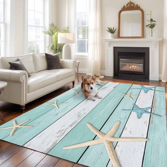 Summer Beach Theme 5x8 Rug for Bedroom Under Queen Bed Placement, Teal and White Wood Grain Beige Starfish Washable Non Slip Large Rectangle Area Rug