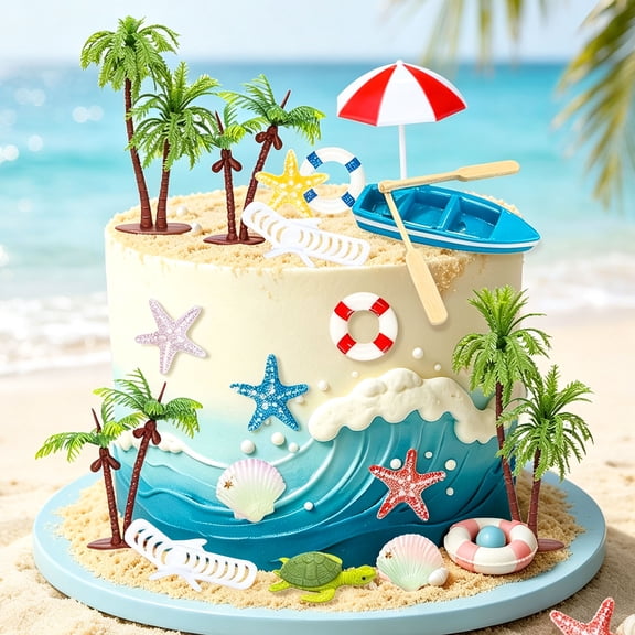Summer Beach Theme Cake Decorations - 19-Piece Scene-Setting Kit for Party Decor & Cake Toppers