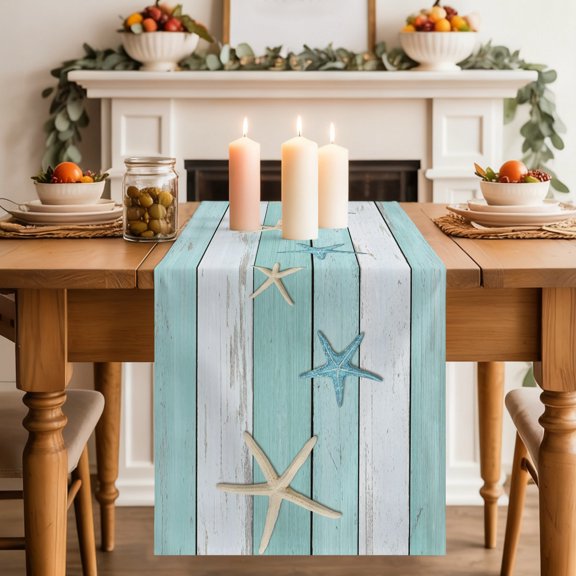 Summer Beach Theme Dining Table Runner, Teal and White Wood Grain Beige Starfish Washable Table Runners Kitchen Coffee Table Center Decor for Home Party Holiday Wedding 13 x 36 Inches