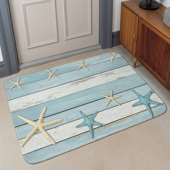 Summer Beach Theme Front Door Mat Indoor Entrance, Blue and White Wood Grain Beige Starfish Absorbent Dirt Resist Welcome Mats Non-Slip Doormat Washable Entry Rug Indoor Outdoor 17x30 Inch