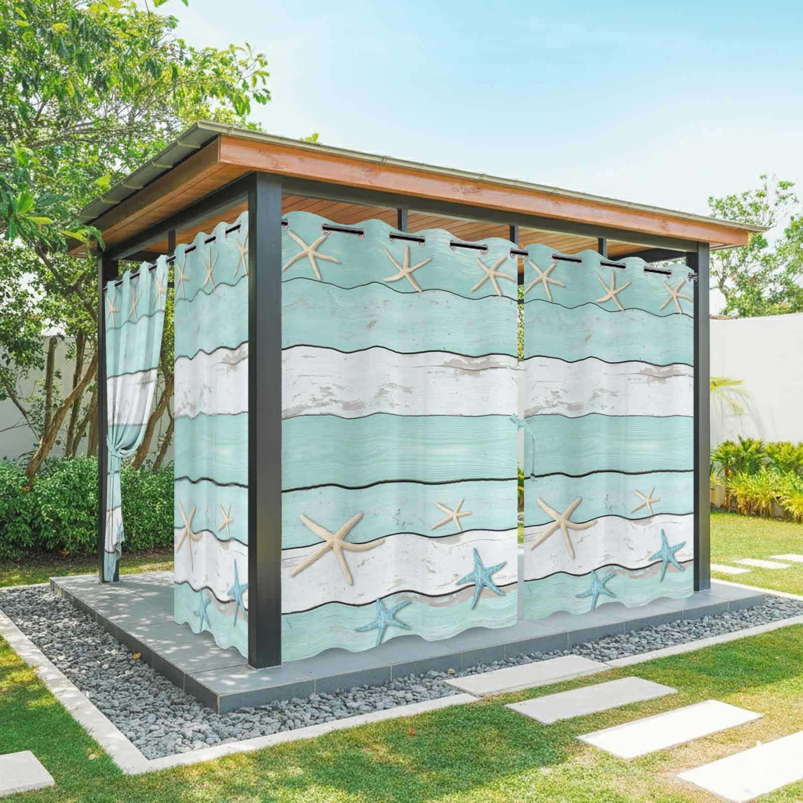 Summer Beach Theme Outdoor Curtains for Patio, Teal and White Wood Grain Beige Starfish Sunshade Privacy Drapes Grommet Waterproof Outside Curtains for Porch/Cabana/Balcony 54"x 108", 1 Panel