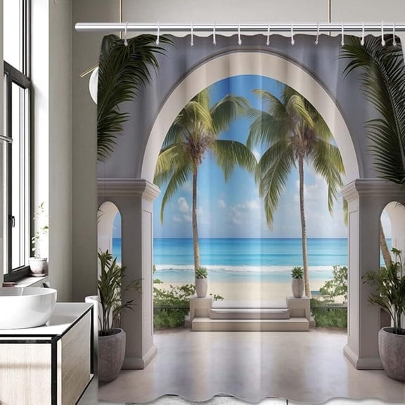 Summer Beach Theme Shower Curtain Beachy Coastal Palm Tree Pattern Ocean Tropical Scenic Nature For Bathroom, Decorative Waterproof Fabric 72"W x 72"L