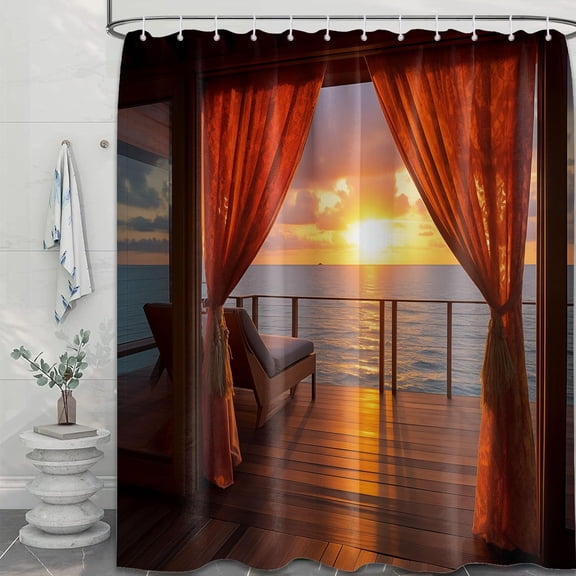 Summer Beach Theme Shower Curtain, Ocean Scenic Beachy Sunset Scene Pattern, Nature Landscape Coastal Bathroom Curtain Set, Decorative Waterproof Fabric-36"W x 72"L (Pack of 1)