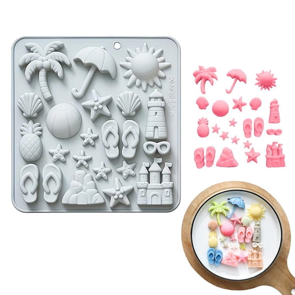 Summer Beach Theme Silicone Molds - Palm Tree, Starfish, Lighthouse for Chocolate, Candy, Jelly, Ice Cube, Cake Decor - Baking Mould for Parties