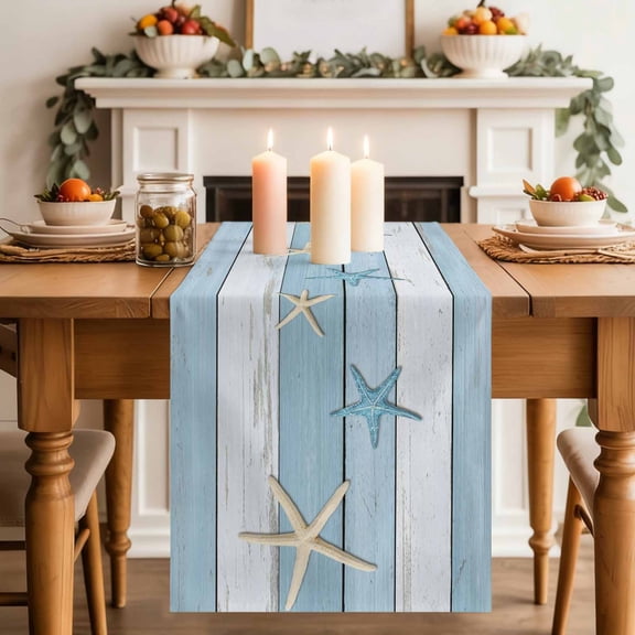 Summer Beach Theme Table Runner, Blue and White Wood Grain Beige Starfish Cotton Linen Kitchen Table Decoration Washable Dining Tabletop Runners for Home Party Decor 14x72 Inches