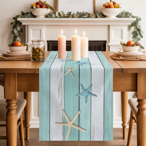 Summer Beach Theme Table Runner, Teal and White Wood Grain Beige Starfish Cotton Linen Kitchen Table Decoration Washable Dining Tabletop Runners for Home Party Decor 13x90 Inches