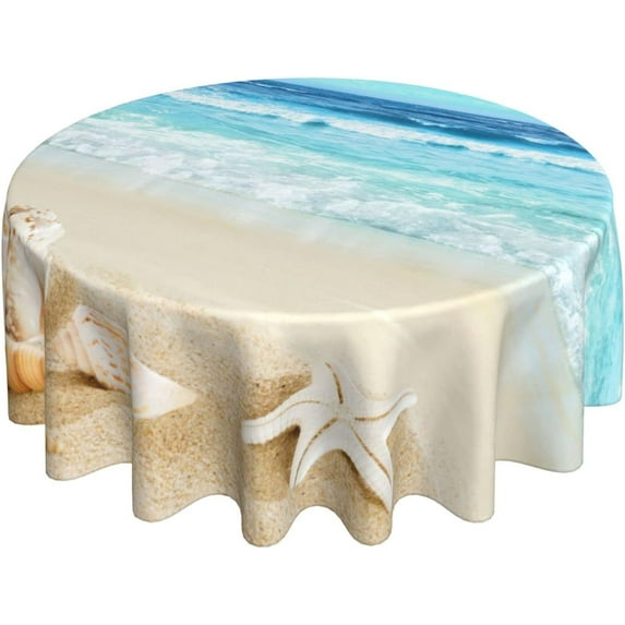 Summer Beach Theme Tablecloth Round 60 Inch Coastal Holiday Sand Starfish Ocean Wave Print Decorative Table Cloth with Dust-Proof Wrinkle Resistant for Home Kitchen Dining Patio Outdoor Picnic Part