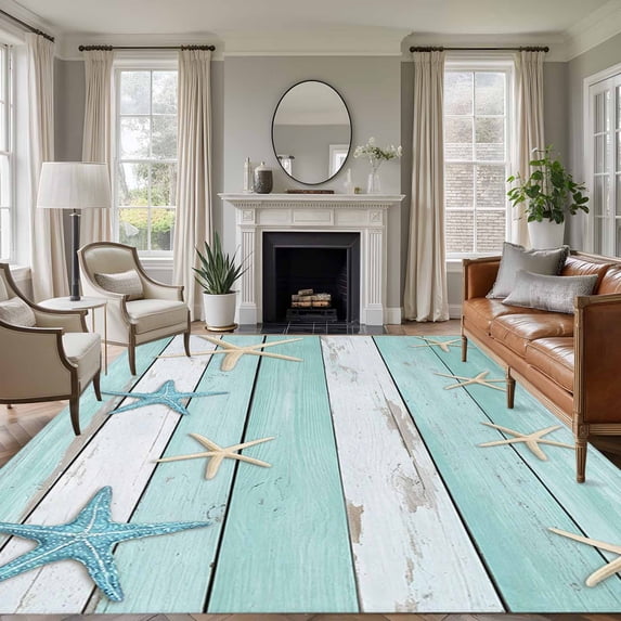Summer Beach Theme Washable Living Room Rugs 5'x8', Teal and White Wood Grain Beige Starfish Low Pile Throw Large Area Rug Non-Slip Sturdy Edge Binding Carpet for Living Room Kitchen Office