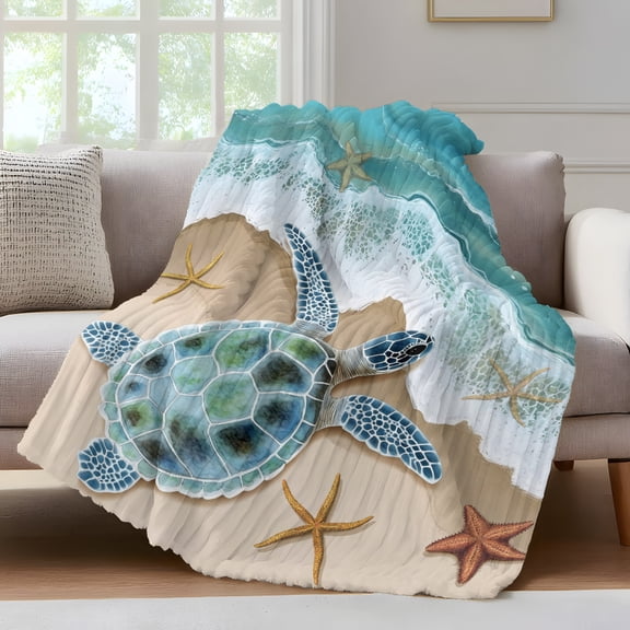 Summer Beach Throw Blanket for Couch Sea Turtle Spray Starfish Scenery Coastal Soft and Warm Flannel 3D Striped Fluffy Fuzzy Fleece Blanket Lightweight Throw for Bed, Sofa 30 x 40 Inches