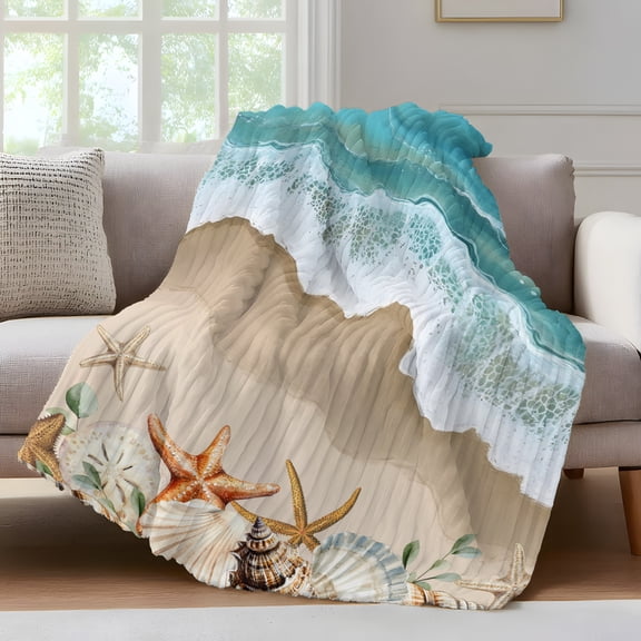 Summer Beach Throw Blanket for Couch Spray Ocean Waves Sand Seashell Starfish Soft and Warm Flannel 3D Striped Fluffy Fuzzy Fleece Blanket Lightweight Throw for Bed, Sofa 50 x 60 Inches
