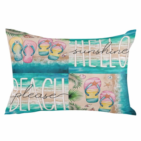 Summer Beach Throw Pillow Cover 20 x 30 Inch Decorative Pillow Cover Turquoise Ocean Coastal Slippers Shell Lumbar Pillowcase Seasonal Rectangle Cushion Case for Couch Sofa Bed Living Room