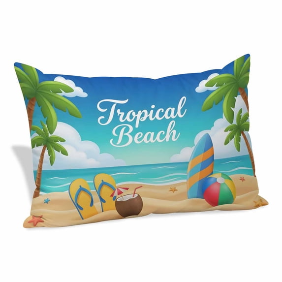 Summer Beach Throw Pillow Covers Ocean Palm Trees Slippers Surfboard Coconut Blue Sky Decorative Lumbar Pillow Cover Rectangle Cushion Case for Sofa Couch Bed Living Room Bedroom 12 X 20 Inches