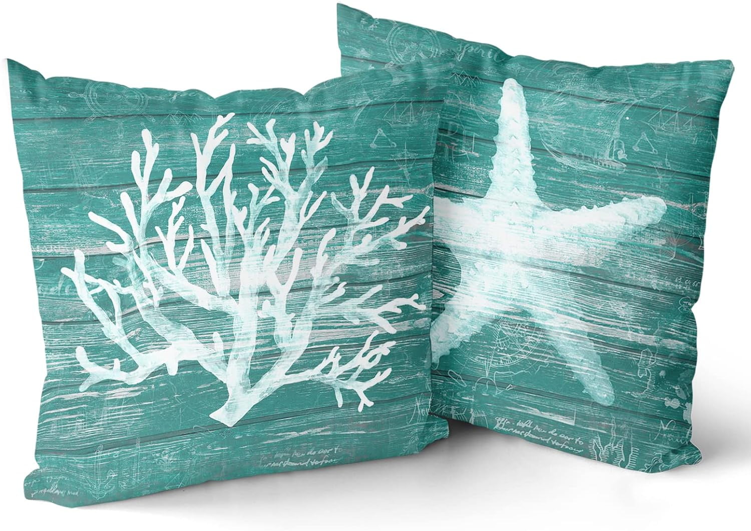 Summer Beach Throw Pillow Covers Set of 2 Turquoise Green Coastal Coral Starfish Ocean Themed Pillowcase Rustic Style Wooden Decorative Cushion Cover for Couch Bed Sofa Farmhouse Decor 20X20 Inches Wa...