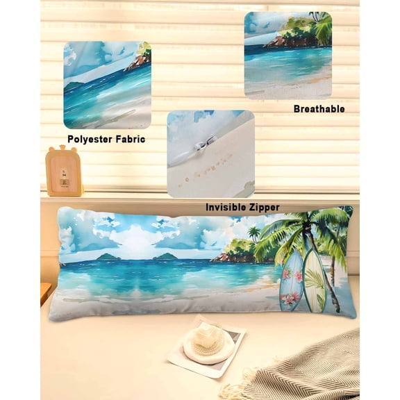 Summer Beach Throw Pillow Covers, Tropical Coastal Palm Tree Surfboard Soft Breathable Pillow Cases with Invisible Zipper for Sleeping, Long Body Pillowcases for Couch Bed Sofa Chair 20x60 Inches