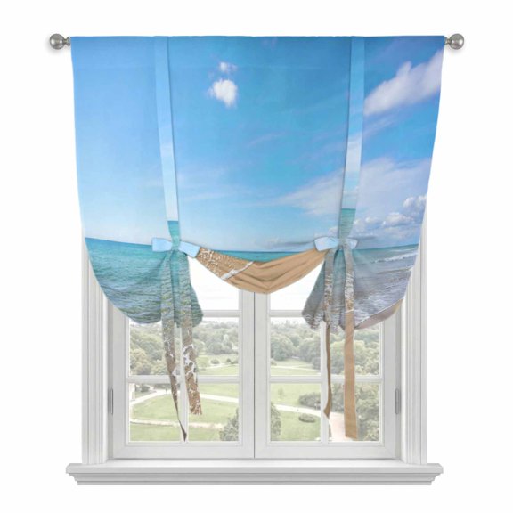 Summer Beach Tie Up Curtains for Windows, Adjustable Balloon Window Shades, Coastal Landscape Seaside Blue Sky Kitchen Window Treatments Farmhouse Short Curtains with Rod Pocket 42"x45"