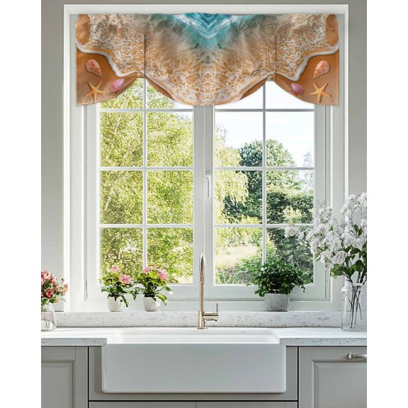 Summer Beach Tie Up Valances Curtain, Adjustable Kitchen Ocean Waves Starfish Shell Conch Coastal Valances for Windows Decor, Rod Pocket Short Curtains Set for Bedroom/Bathroom, 42"x12"